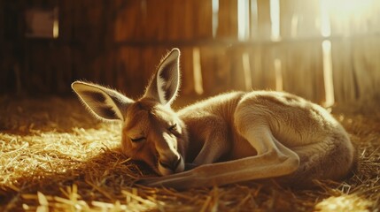 Poster - A young kangaroo naps peacefully on a bed of hay in a rustic barn, bathed in warm sunlight.