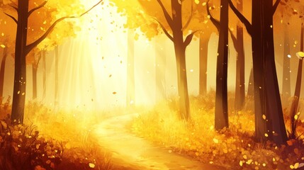 Aufkleber - Sunlit autumn forest path with falling leaves. (1)
