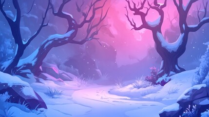 Poster - Surreal winter forest scene with snow-covered path, bare trees, and pink-purple sky.