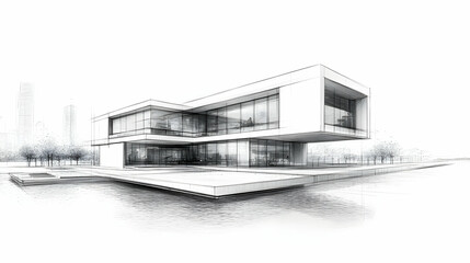 Poster - A modern architectural sketch of a sleek, minimalist building design.