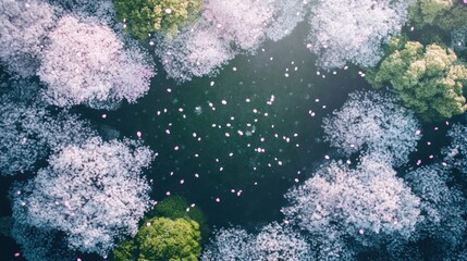 Poster - Aerial view of blooming cherry blossom trees forming a circle in a park.
