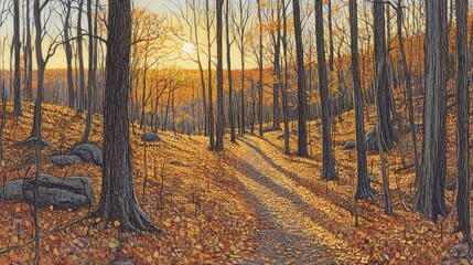 Poster - Sunset illuminating a path through autumnal forest with leaf-covered ground and rocks.