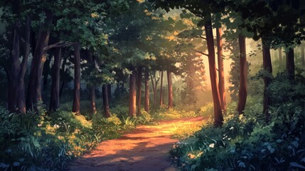 Poster - Sunlit path through lush green forest, dappled sunlight illuminating foliage and trail.