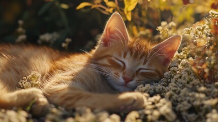 Aufkleber - Adorable ginger kitten peacefully sleeping amidst blooming white flowers in warm sunlight.