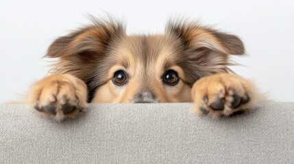 Poster - Cute Sheltie puppy peeking over a surface with paws.