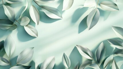 Poster - Soft light illuminates pale green leaves arranged on a pastel background, creating a frame with copy space.