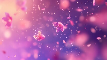 Poster - Pink cherry blossoms falling on a purple and orange background.