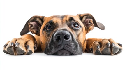 Aufkleber - Adorable brown dog resting paws on white background, looking up.