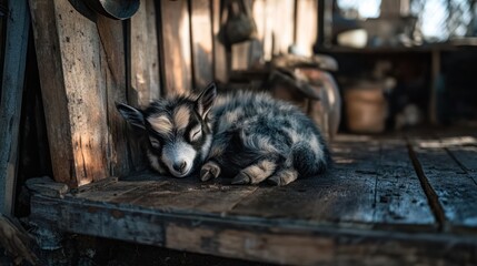 Poster - A small goat kid sleeps peacefully on a rustic wooden porch, bathed in sunlight.