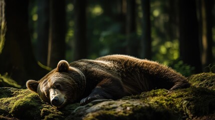 Poster - A large brown bear resting peacefully on moss-covered rocks in a sun-dappled forest.