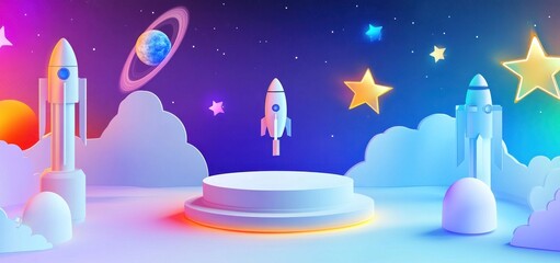 Poster - Neon-lit rockets and planets on a circular podium against a night sky background.