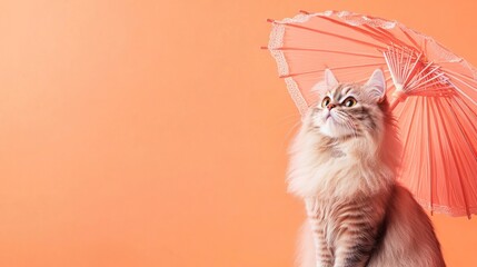 Poster - Fluffy cat sitting under a pink umbrella against a coral background.