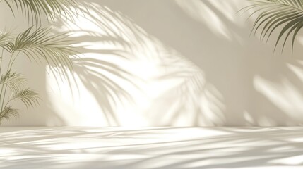 Poster - Minimalist beige background with palm shadows, sunlight, and empty space.