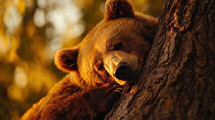 Poster - A brown bear sleeps peacefully leaning against a tree trunk in a forest bathed in golden sunlight.