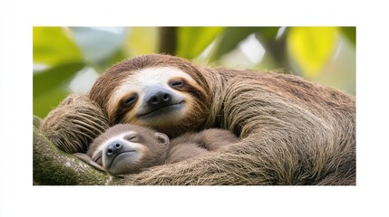 Poster - A mother sloth affectionately embraces her sleeping baby sloth while nestled in a tree.
