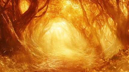 Aufkleber - Golden sunlit path through mystical autumn forest, trees arching overhead, creating a tunnel of light and shadow.