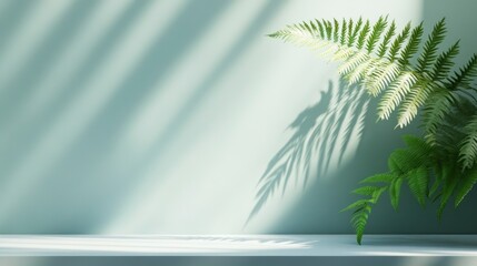 Aufkleber - Sunlit green wall with fern and white shelf, minimalist style.