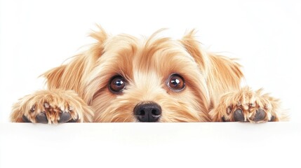 Leinwandbilder - Cute small fluffy dog peeking over white background.