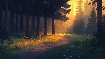 Poster - Sunlit path through a tranquil forest with wildflowers.