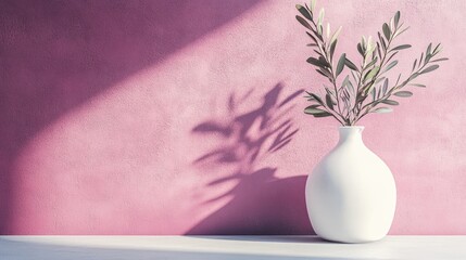 Poster - White vase with olive branch against pink wall, sunlit.