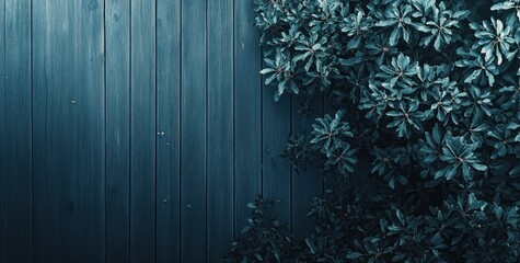 Aufkleber - Lush green foliage against a dark blue wooden wall, creating a natural, textured background.
