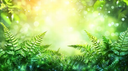 Aufkleber - Lush green ferns bathed in sunlight, creating a magical, ethereal forest scene.