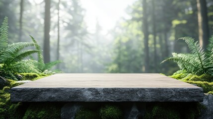 Poster - Stone platform in a misty forest with ferns and moss.
