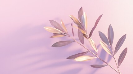 Poster - Pastel pink background with golden leaves and shadows.