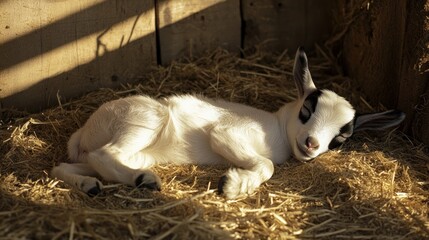 Poster - Adorable newborn goat kid sleeping peacefully in a hay-filled barn stall, bathed in sunlight.
