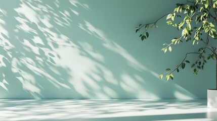 Poster - Minimalist room interior with light green wall, plant, and leaf shadows.