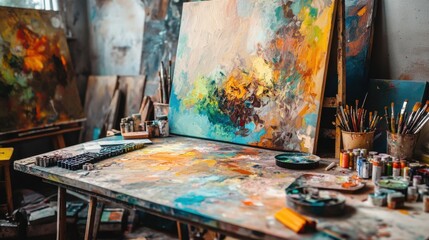 Aufkleber - An immersive painting studio with vibrant canvases, Art supplies meticulously arranged on a cluttered desk, Creative expression style