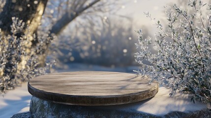 Poster - Wooden round platform on snow-covered rock in winter forest scene.