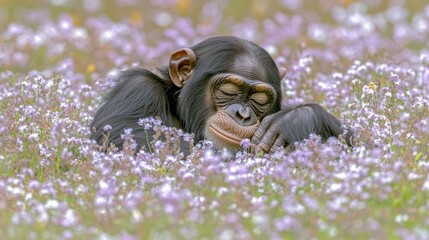 Aufkleber - A young chimpanzee peacefully sleeps amidst a field of purple wildflowers.