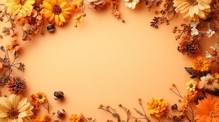 Wall Mural - Orange autumn flowers frame on peach background.