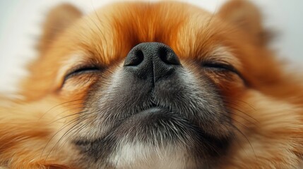 Poster - Close-up of a sleeping long-haired chihuahua dog with its eyes closed, showcasing its soft fur and cute facial features.