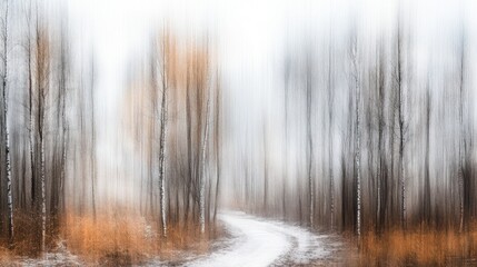 Aufkleber - Abstract winter forest path, blurred trees, snow, fog, subtle colors.
