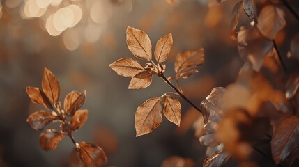 Aufkleber - Close-up of autumn leaves backlit by warm sunlight, showcasing intricate details and muted orange-brown tones.