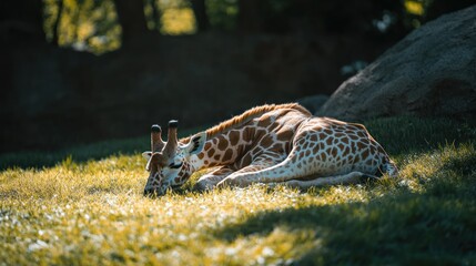 Poster - Young giraffe resting on grassy ground in dappled sunlight, near rocks and trees.