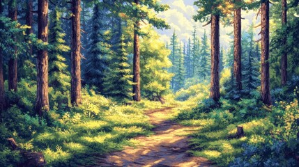 Poster - Sunlit path winding through a lush green forest with tall pine trees.