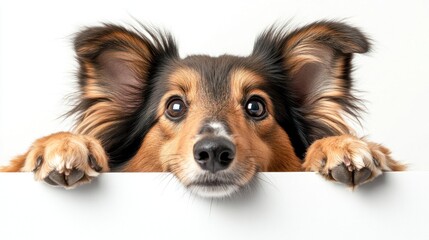 Poster - Cute Sheltie dog peeking over white background.