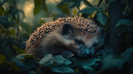 Aufkleber - A hedgehog sleeps peacefully amidst lush green foliage, bathed in soft sunlight.