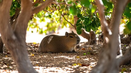 Poster - Capybara resting under lush green foliage, sunlight dappled on its fur.