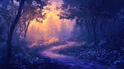 Poster - Mystical forest path at dawn, winding road through purple and orange hues, trees, flowers, fog.