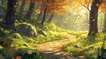 Poster - Sunlit autumn path winding through a vibrant forest with fallen leaves.