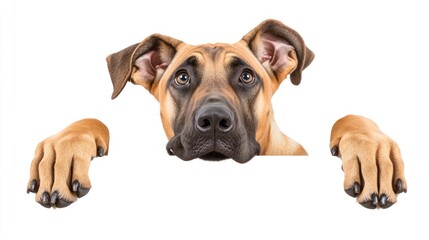 Poster - Cute dog peeking over white background, paws on edges.