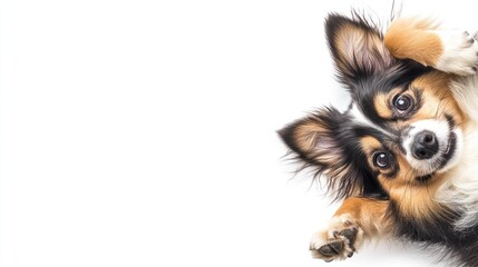 Poster - Happy small dog lying on back, paws up, isolated on white background.