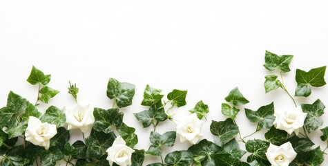 Wall Mural - White roses and green ivy leaves arranged on a white background, forming a border.