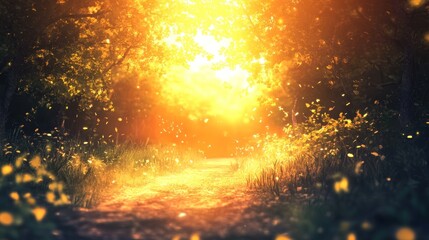 Poster - Sunlit path through a magical forest with glowing particles.