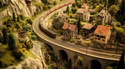 Aufkleber - An intricate model train set winding through a meticulously detailed landscape, Tracks and miniature buildings crafted to historical accuracy, Miniature railway modeling style