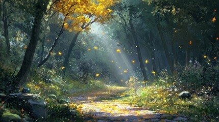Leinwandbilder - Sunbeams illuminate a path through an autumnal forest, leaves fall gently.